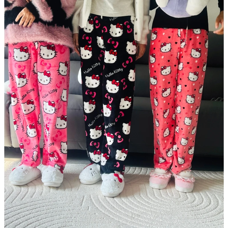 

Christmas Sanrio Hello Kitty Pajama Pants Anime Flannel Double Elastic Fabric Soft Trousers Women Trousers Christmas Eve Gift