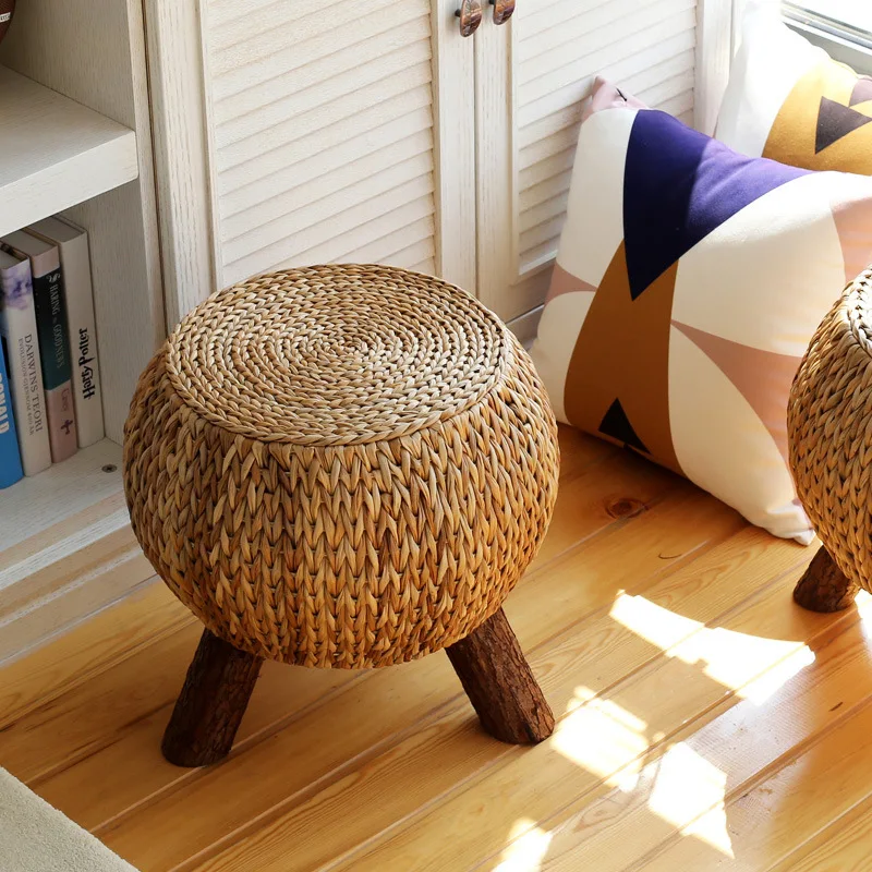 

Rattan Handmade Rustic Round Footstool Household Multi functional Wooden 3 Leg Portable Wicker Ottoman Footrest Comfortable Gift