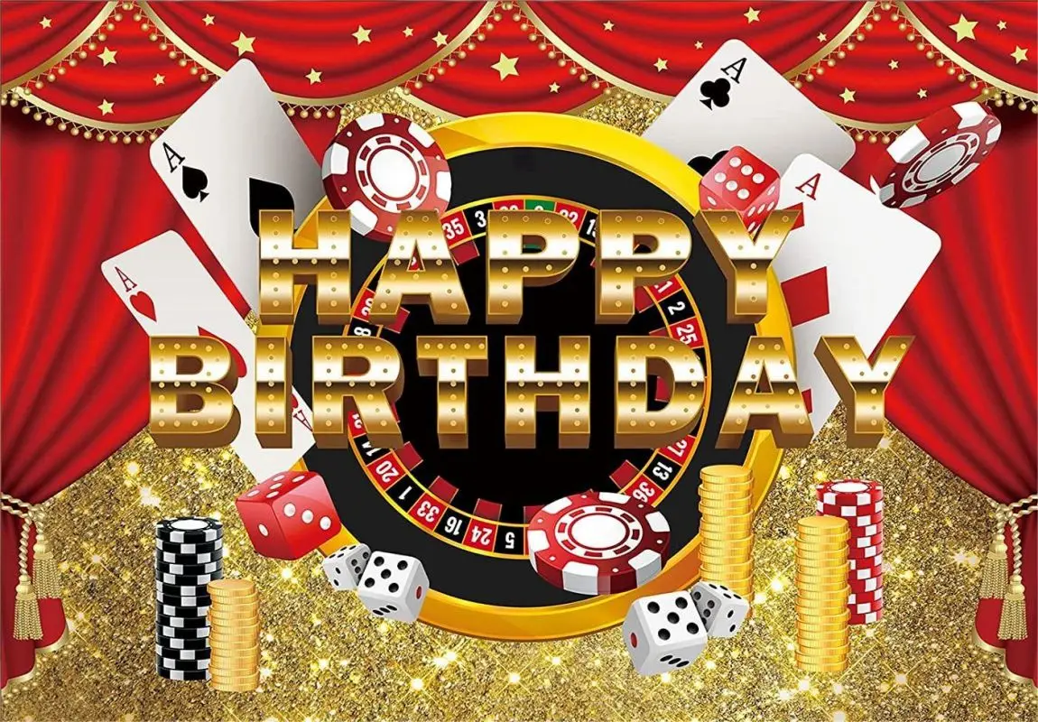 Casino Happy Birthday Backdrop Poker Dice Red Curtain Photography Background Las Vegas Gold Glitter Party Banner Decorations