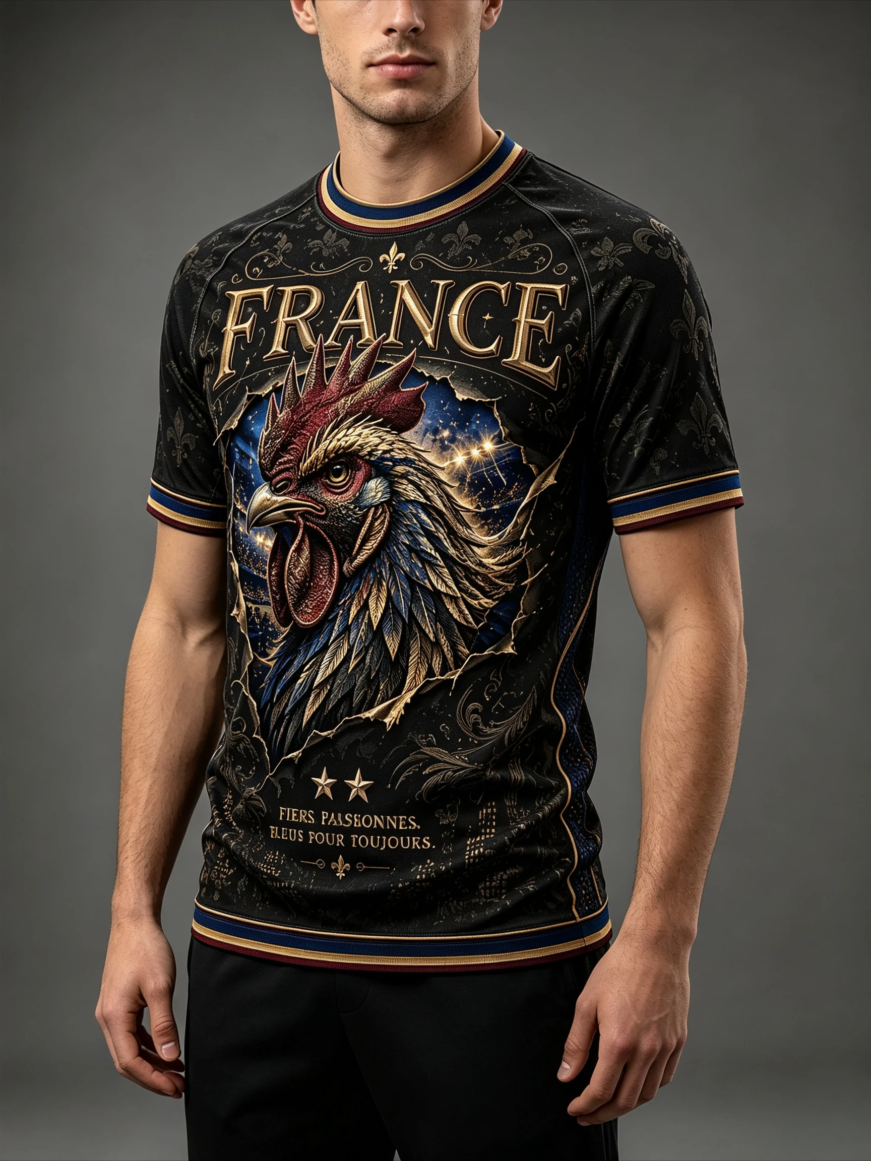 Weathered Torn Texture Chicken Shirt with FRANCE Two-star Logo, Stylish Football Casual, Versatile Half-sleeve Design