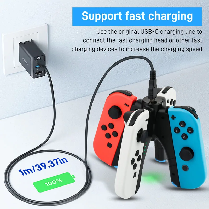 4 in 1 Joycon Charger Grip for Switch/Switch OLED Controller Charger LED Indicator Charging Dock Station Handle Grip