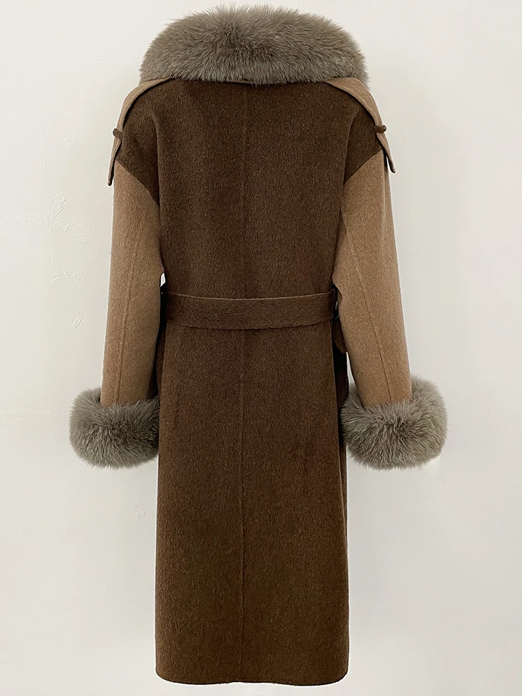 Frauen Patchwork doppelseitigen Woolen Kaschmir Mantel Echt Fox Pelz Manschette Wolle Jacke Weibliche Neue Winter Echtpelz Kragen kleidung