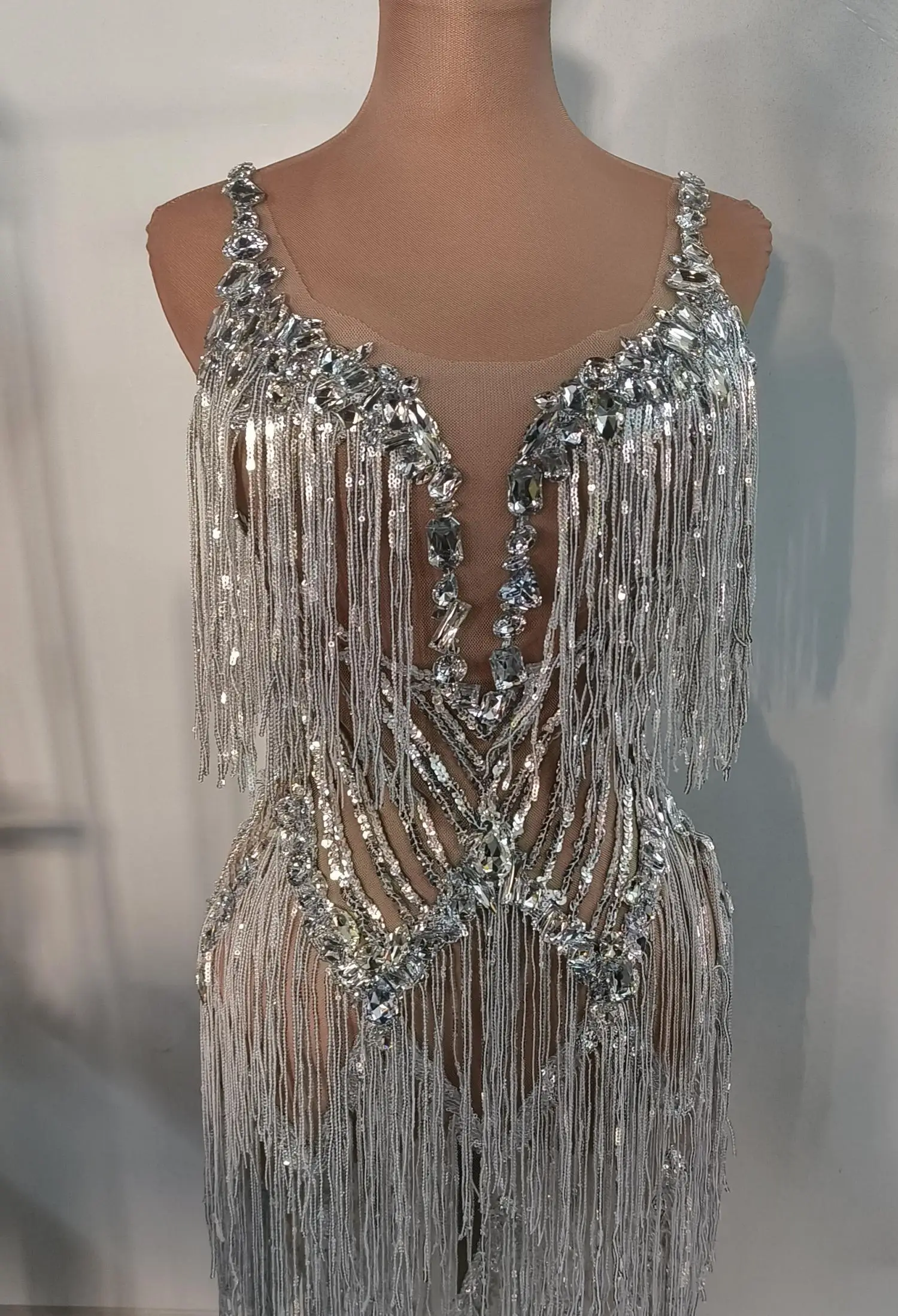 Flashing Sequins Fringes Rhinestones Transparent Dresses Women Evening Birthday Celebrate Costume Dancer Stage Wear Muyuye