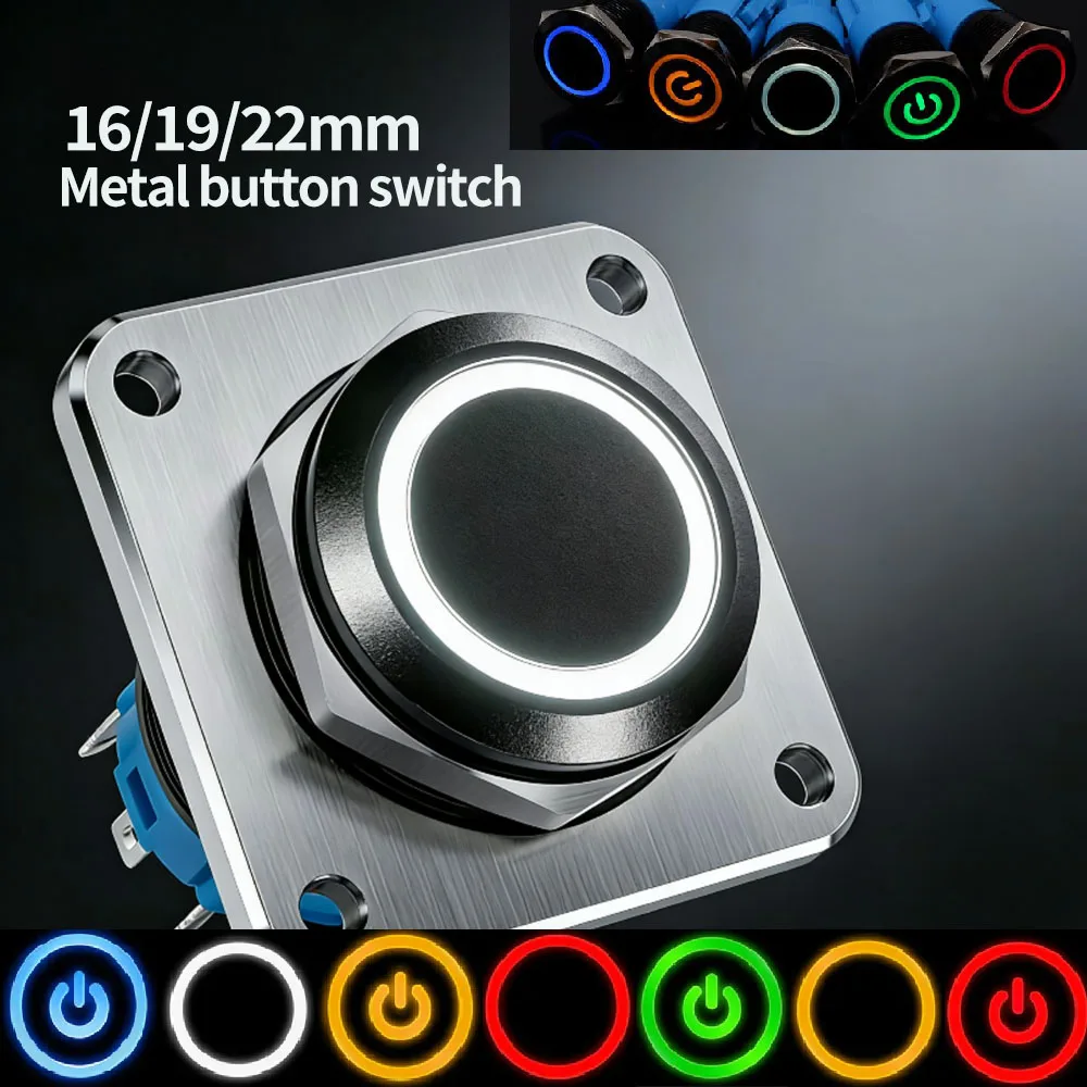 16/19/22mm Metal Illuminated Black Push Button Switch Led Light Momentary Latching Waterproof Power on off Flat Head 12v 5v 220v