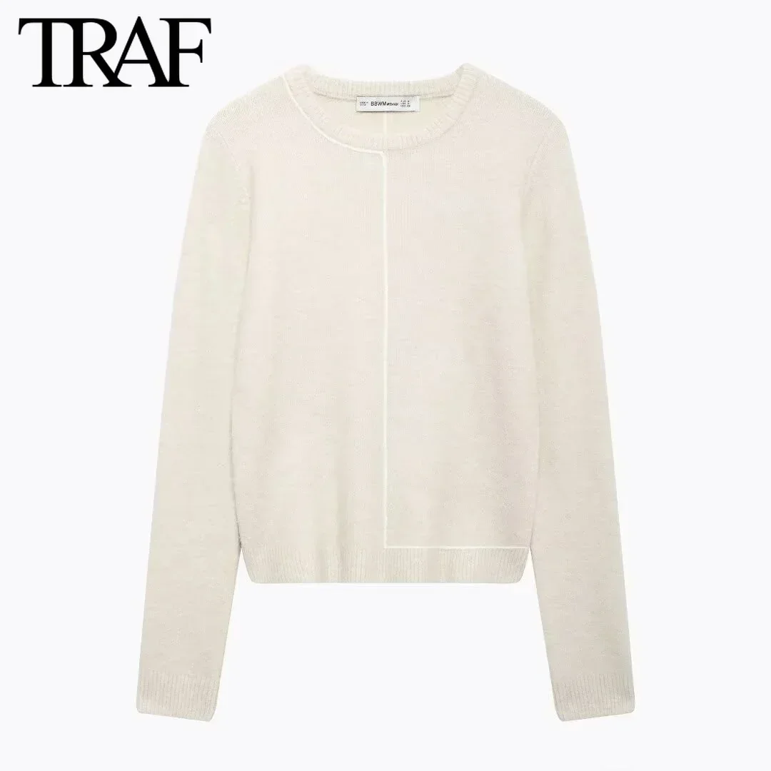 TRAF Women Fashion Autumn Winter Contrasting Color Trimmed Sweater Long Sleeves Round Neck Tops Chic Female Knit Sweaters Mujer