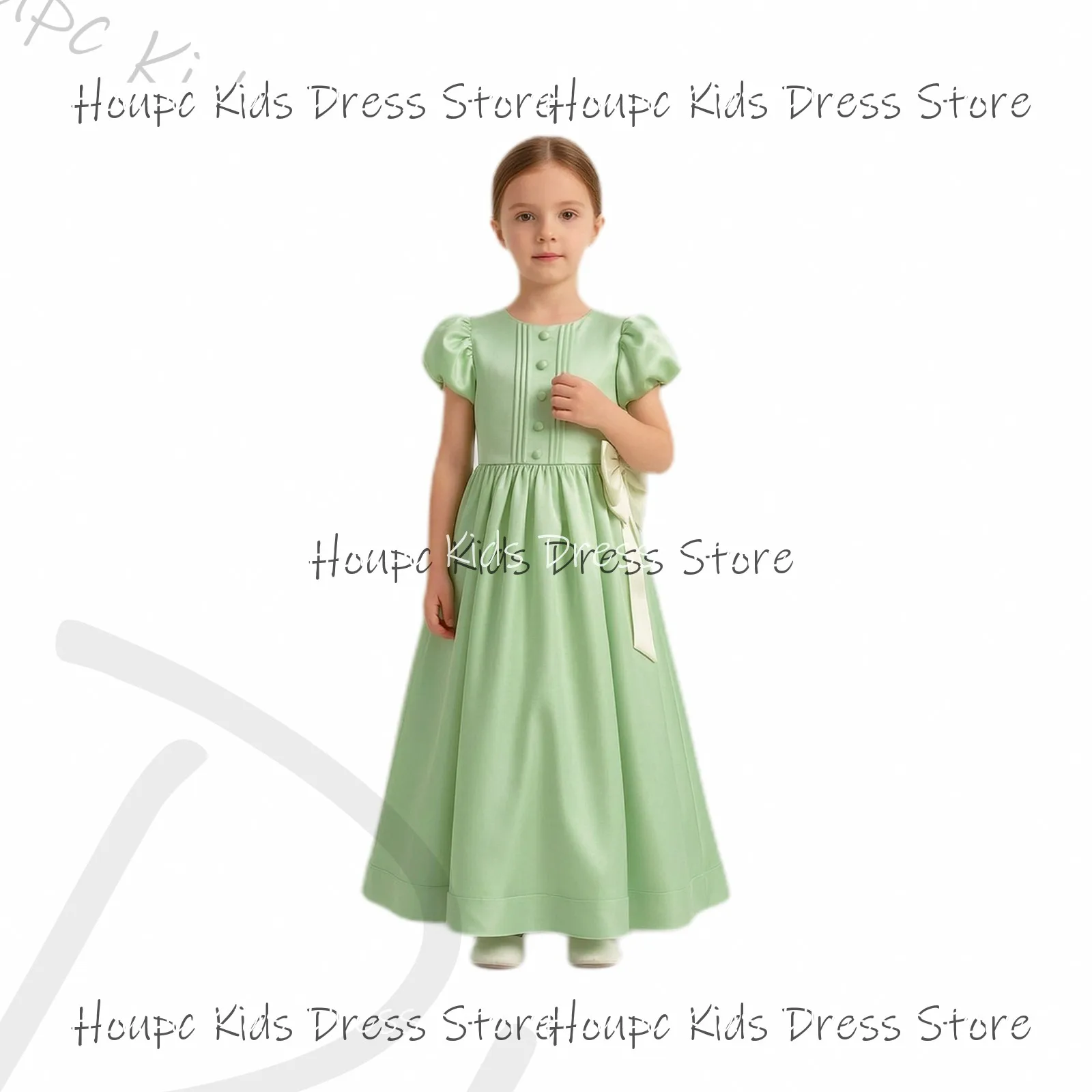 Custom Flower Girl Dresses A-Line Satin Puff Sleeve Button Front with Back Bow Wedding Birthday Party Evening Party