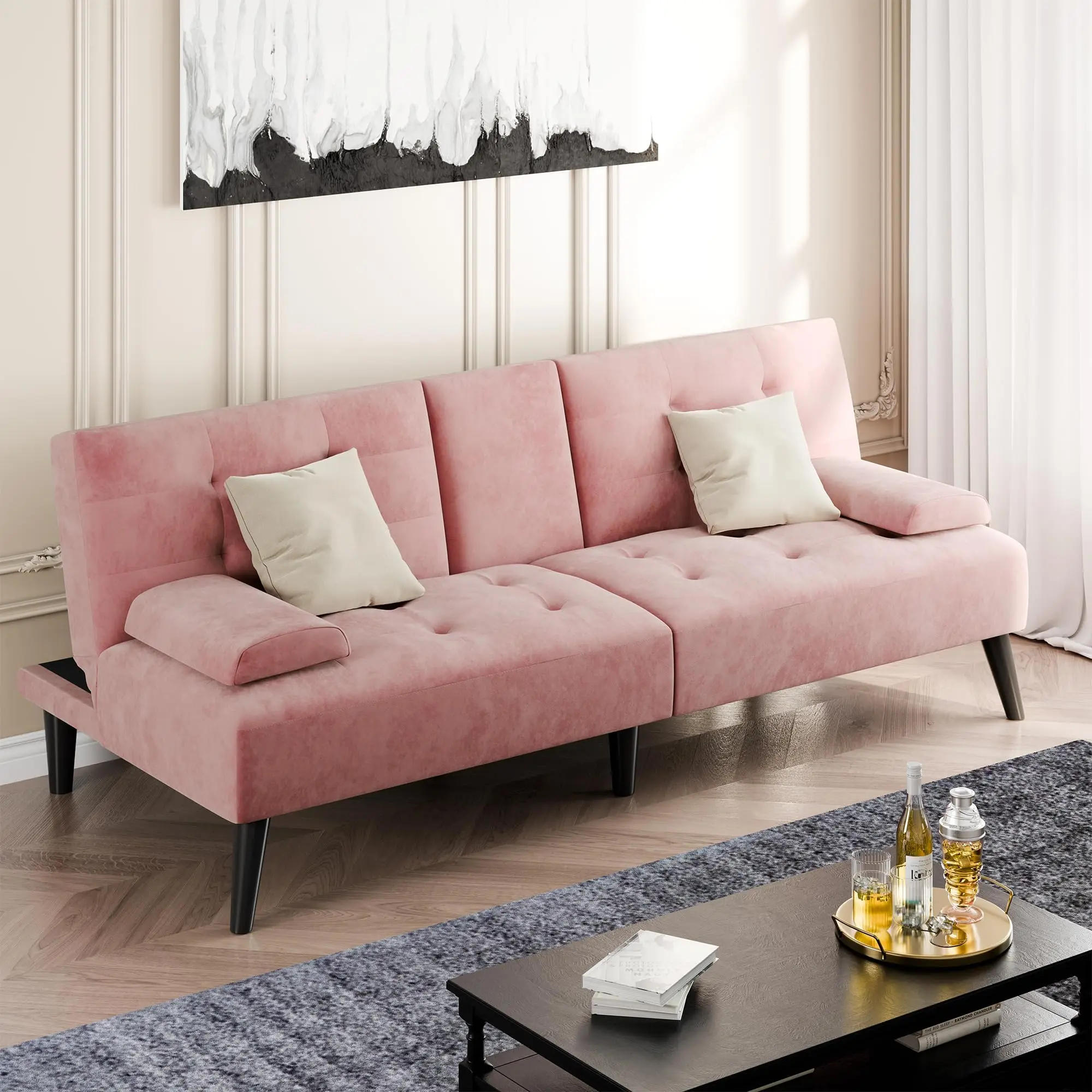 

Pink Velvet Futon Sofa Bed Foldable Reclining Sleeper With Removable Armrests