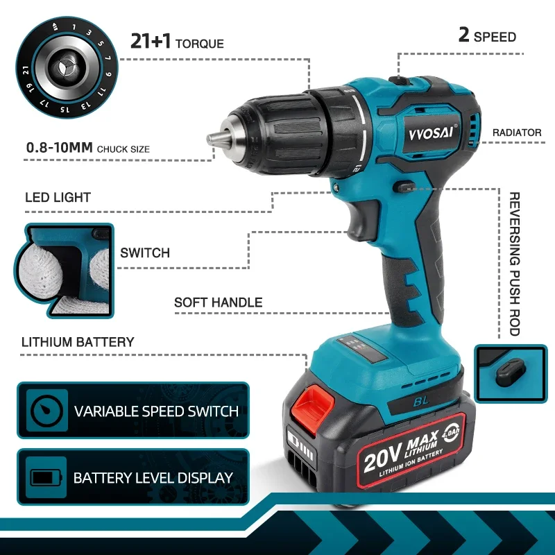 VVOSAI 20V Brushless Electric Drill 21+1 Torque 50NM Cordless Screwdriver Li-ion Battery Electric Power Screwdriver Drill