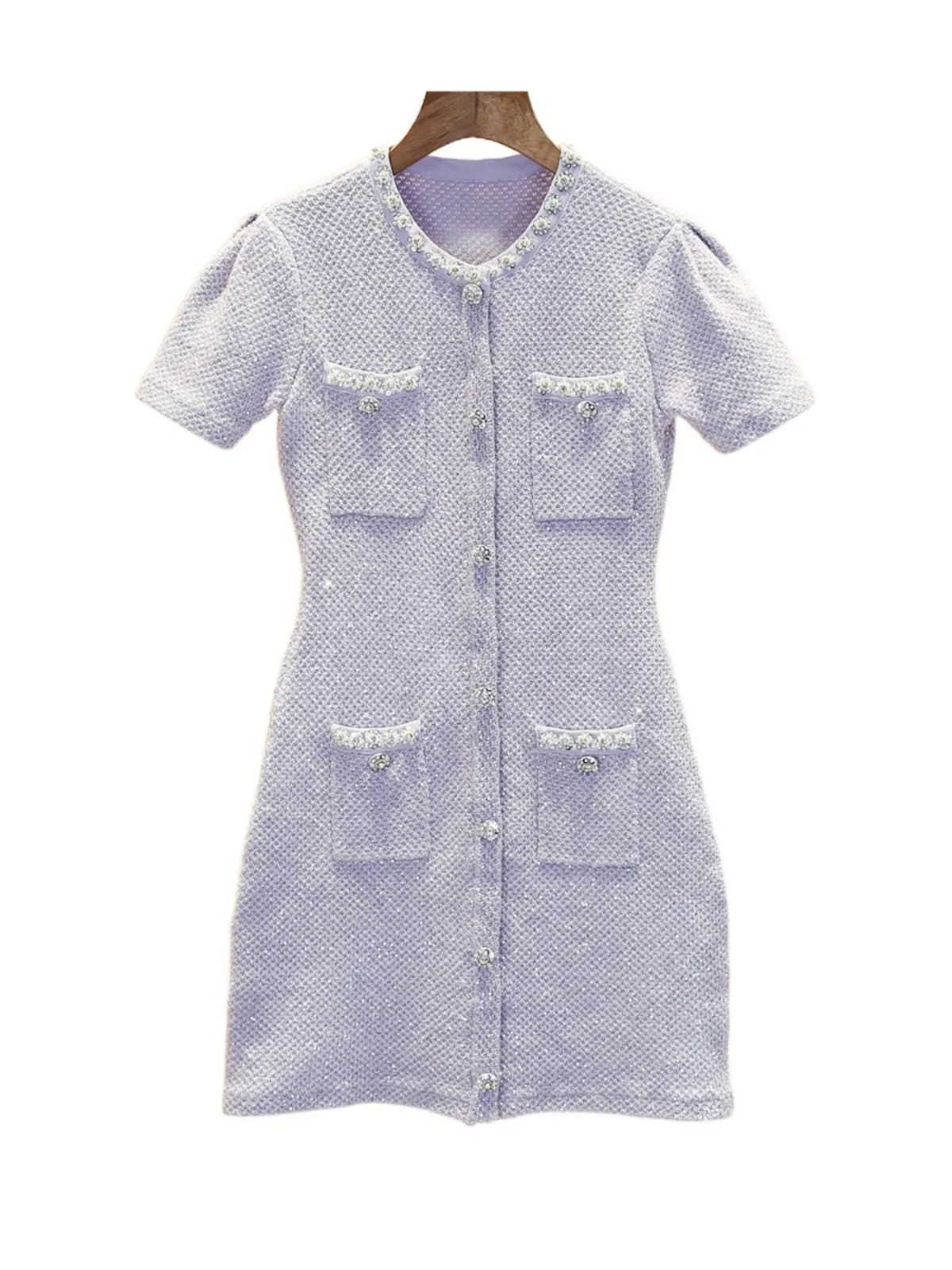

Pure SP Home Summer 2024 Women's Knitted Dr iny Sequin Heavy Embroidery Fragile Sle round Ne ort Sve A-Lin...
