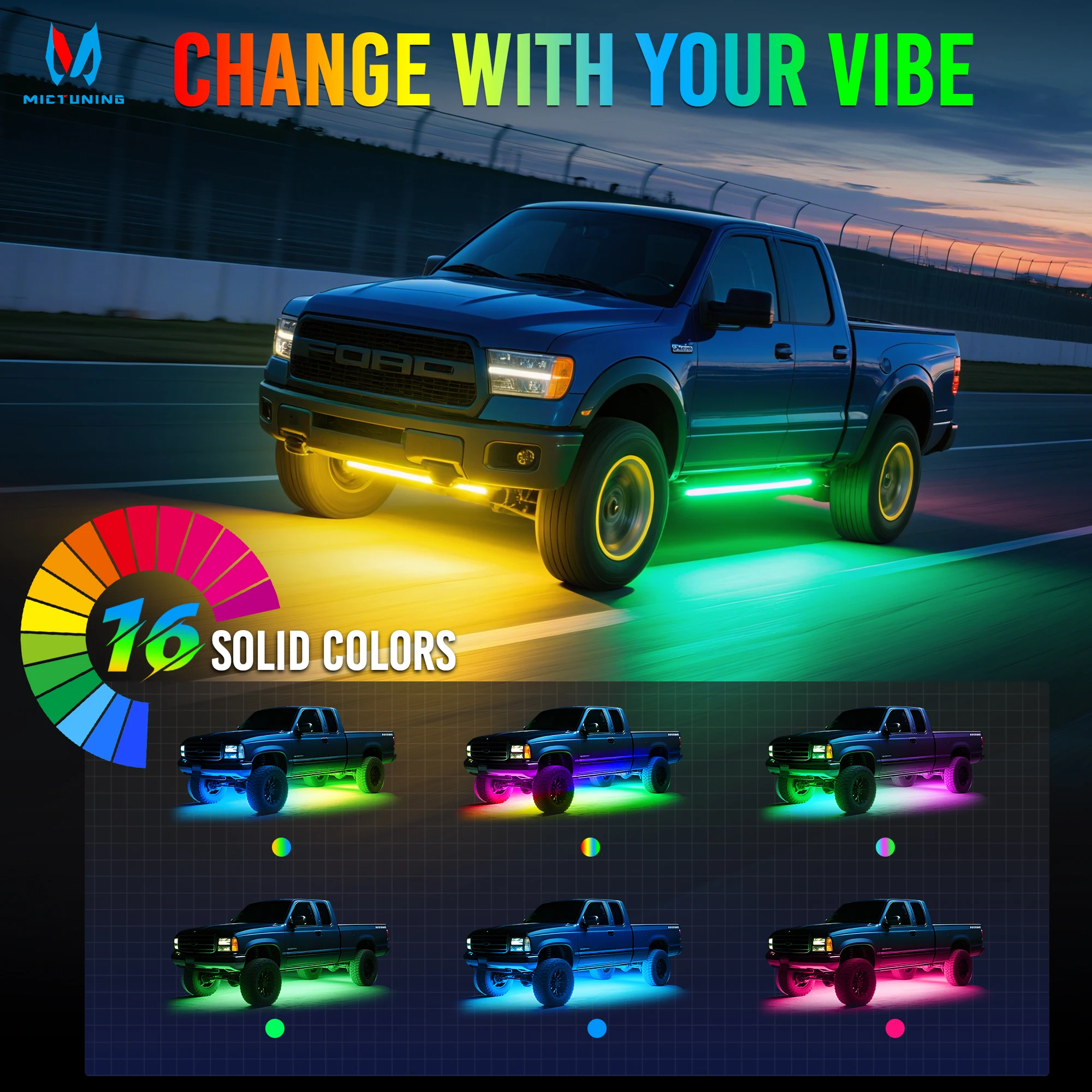 

MICTUNING 8Pcs U8 RGB+IC Underglow LED Light Bars,Dual Remote Control,Chasing/Fading Modes,IP68 Waterproof Aluminum Housing
