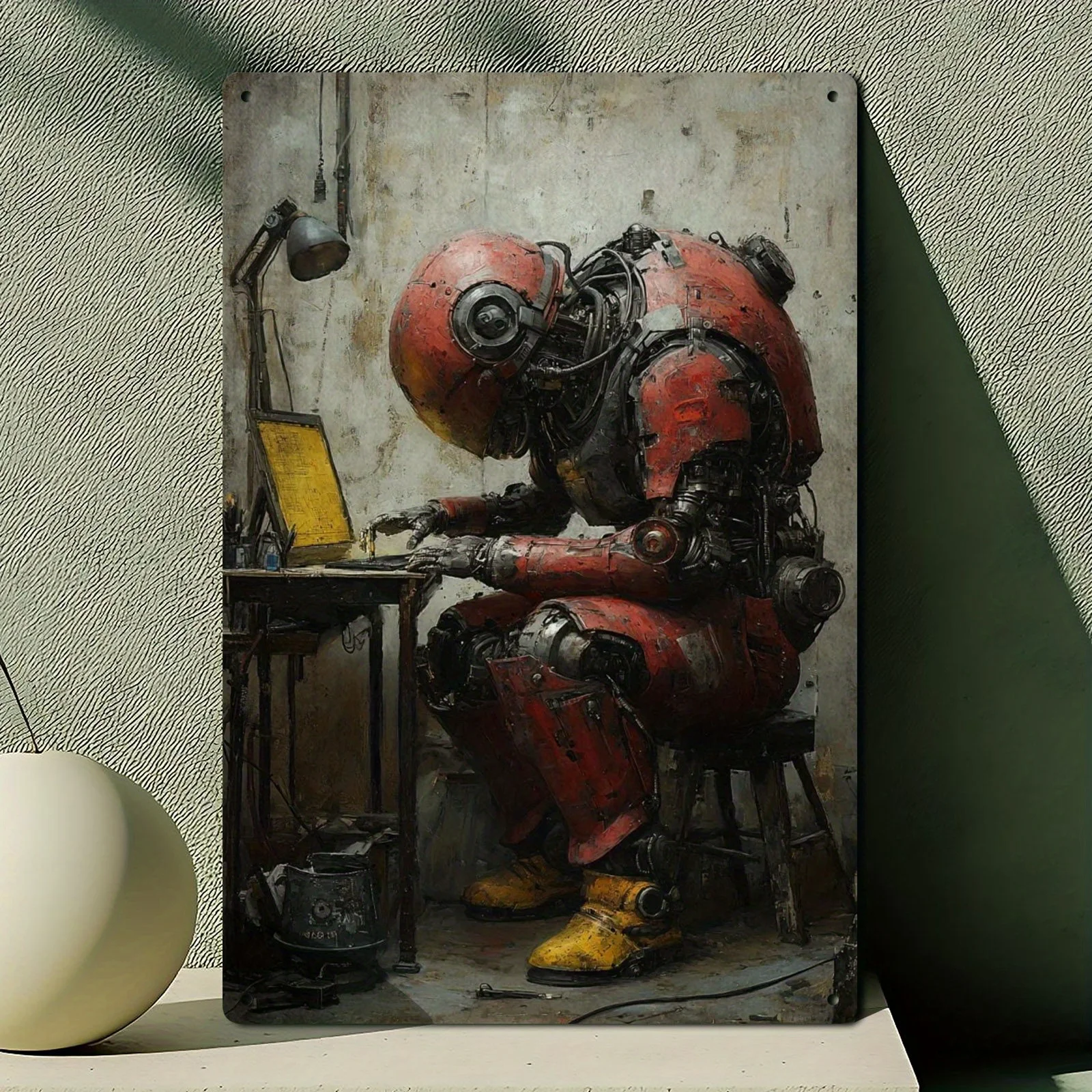 Panneau metallique Industriel Vintage en étain، peinture d'artiste de Robot de Construction Hyperréaliste molto Detailée، Gra