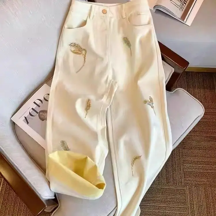 

Gagaok 2026, прямые джинсы с высокой талией и вышивкой в стиле ретро, весенне-осенние модные свободные повседневные узкие широкие брюки