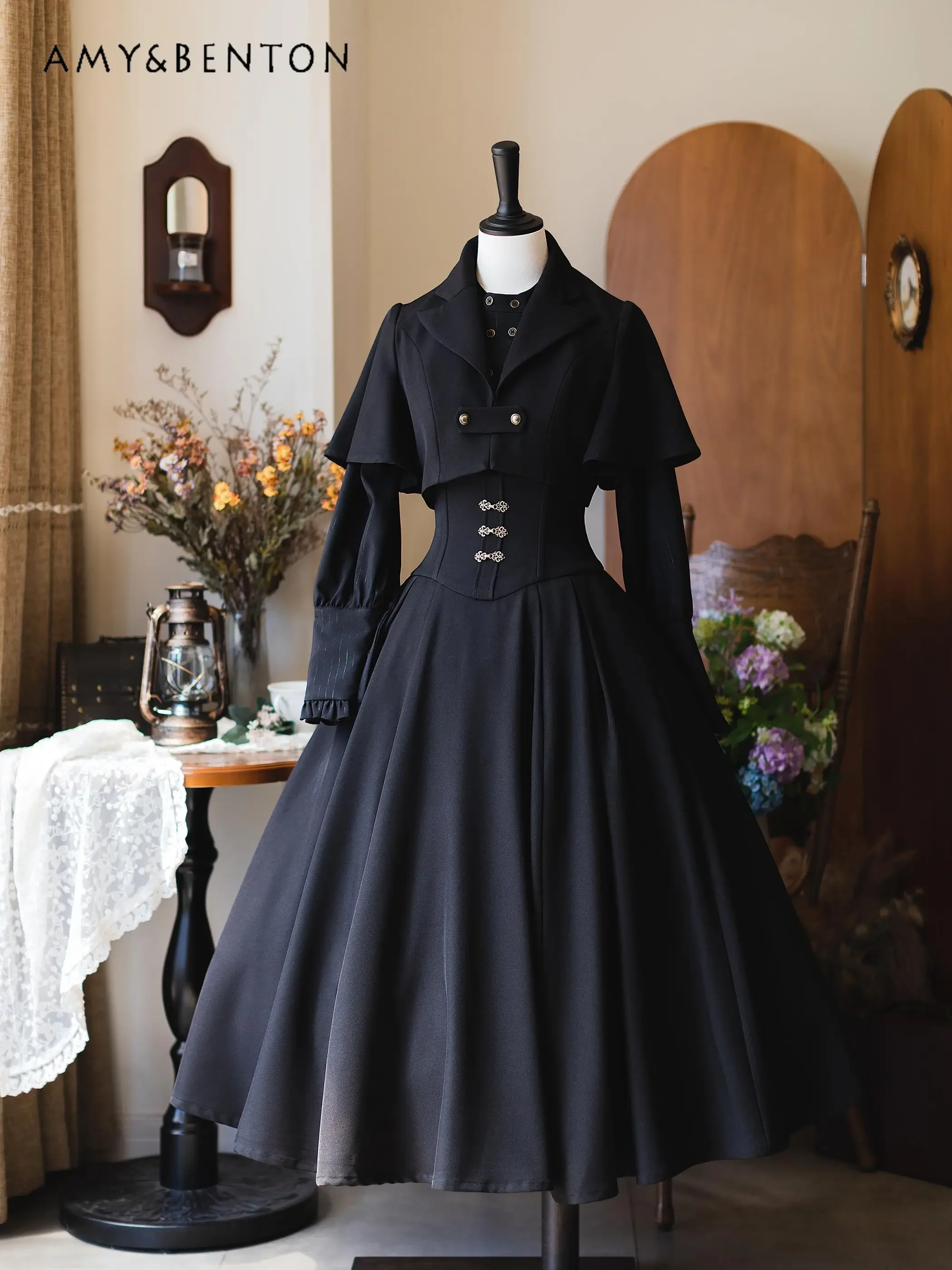 Original Retro Fishbone Halter Bow Skirts British Elegant Classical Slim Mid-length Skirt Women\'s Autumn New Lolita Long Skirt