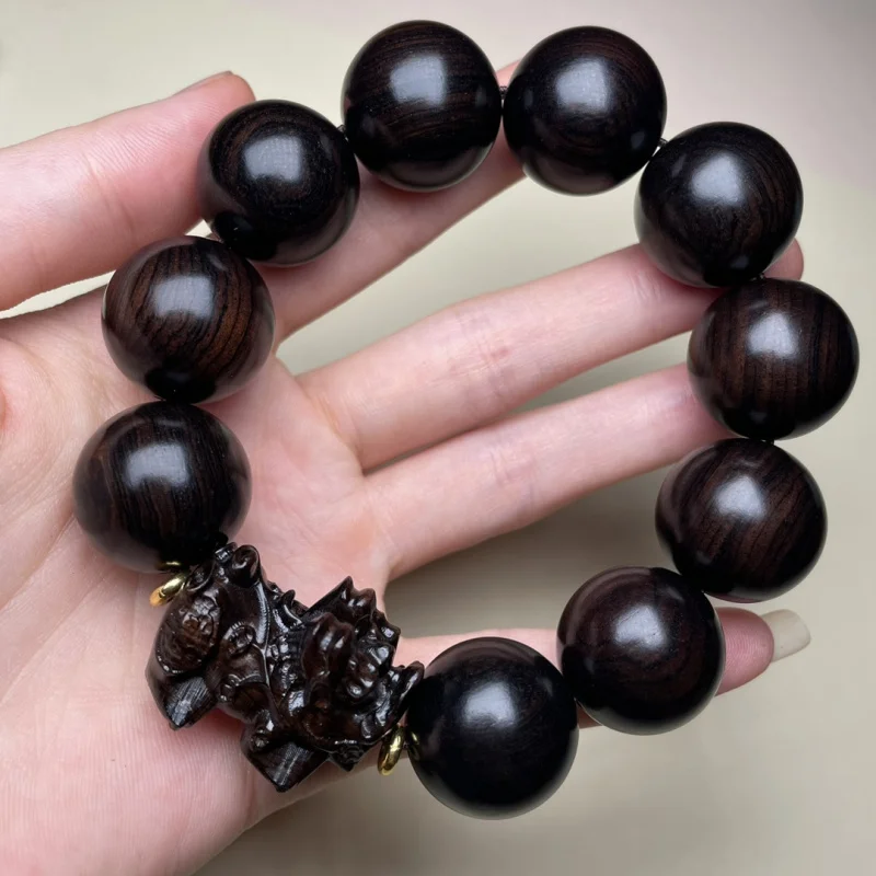 

Purple Sandalwood Black Ebony Solid Wood Carved Pixiu Bracelet Retro Style Unisex Simple Cultural Play Beads