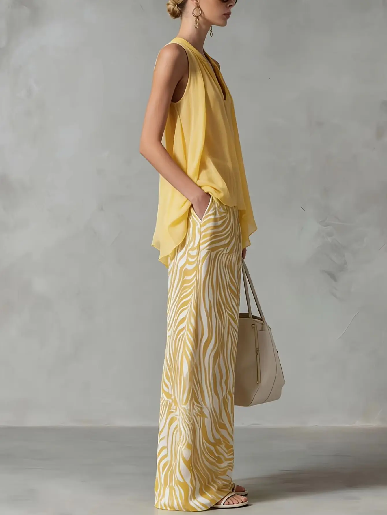 Spring Casual Chiffon Zebra Print Pants Suit Women V-neck Sleeveless Shirt+high Waist Loose Wide-leg Pants Female Two Piece Set