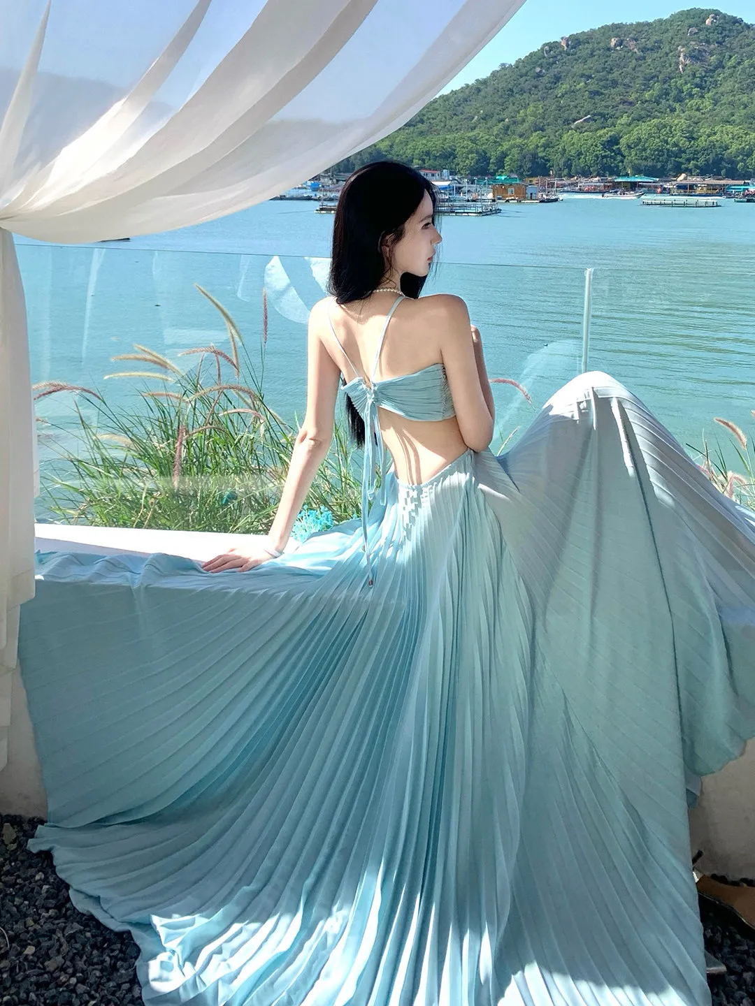 

Пляжное синее платье макси с поясом, женское, А-силуэт, с эффектом высокого качества, для отпуска, с перфорацией