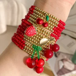 1pc Multi-layer resin copper cherry beaded pendant woven rope, suitable for ladies everyday and party wear