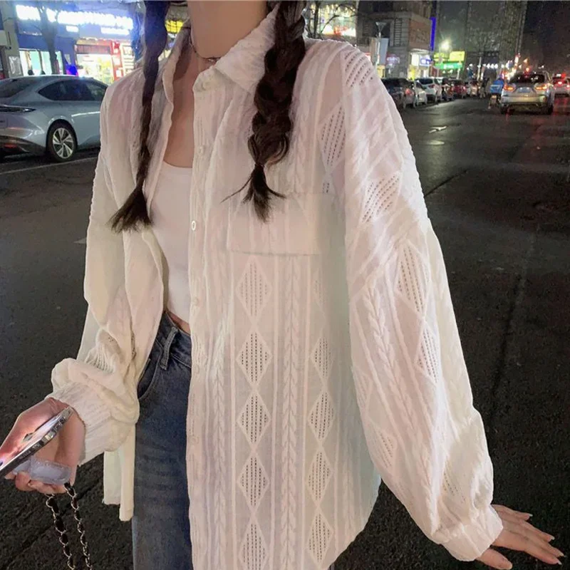 Hollow Out Long Sleeved Shirt for Women\'s Spring Autumn New Casual Commuting Medium Length Versatile Trendy White Shirt Coat Top