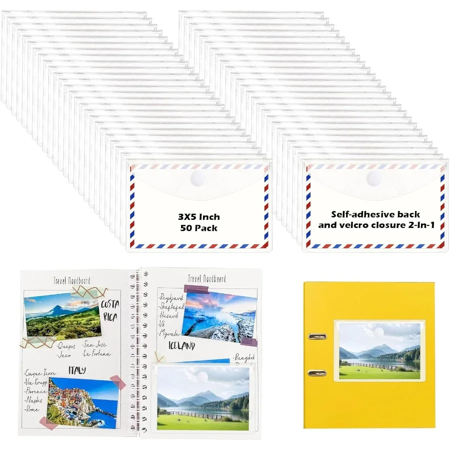 

50 Pcs Corner Storage Pockets With Closure Clear Adhesive Planner Pockets 3 x 5 Ih Peel and Stick Index Cards for Office Notebo