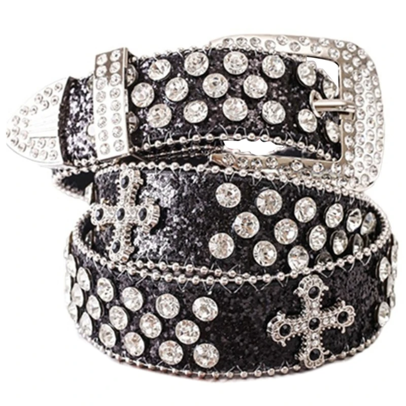 

Punk Crosses Waist Belt for Jean Encrusted Hip Hop Belt Waistband Glinting with Encrusted Rhinestones