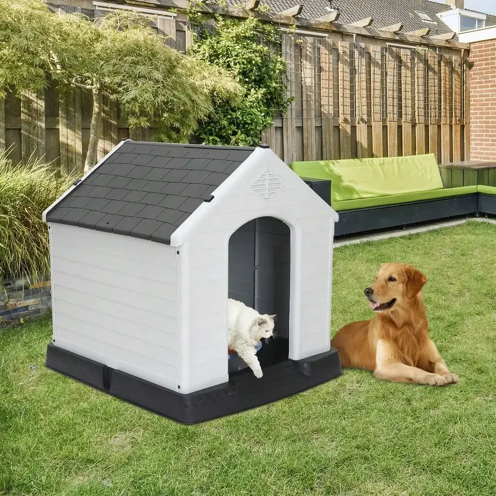 

Plastic 32 Inch Pet Dog House Puppy Shelter Waterproof Grey Roof w/Air Vents