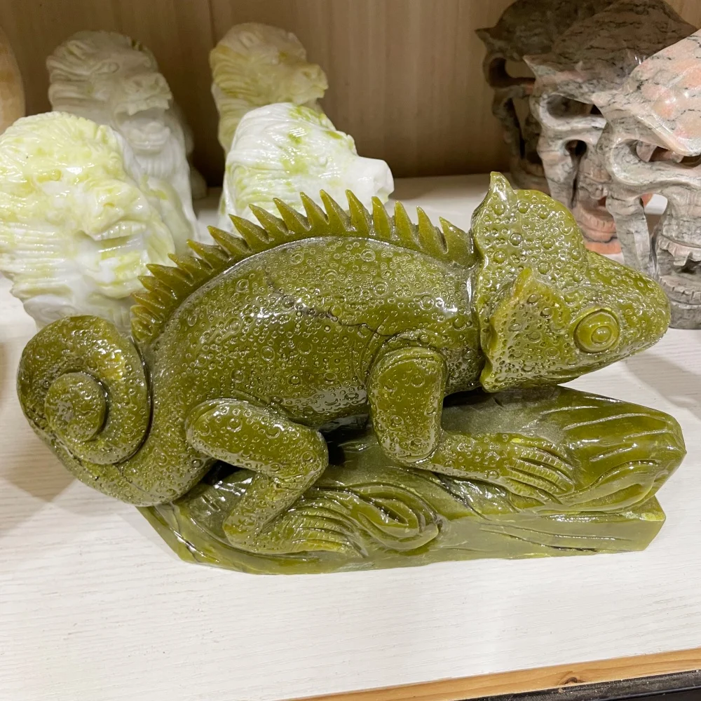 30cm Natural Xiuyan Jade Chameleon Carving Lizard Figurine Green Jade Sculpture Home Office Desktop Decor Collectible