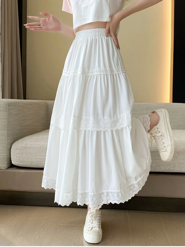 

Gentle Style White Cake Skirt For Women New Spring Summer High Waisted Slimming Lace Spliced A-line Skirt Women's Umbrella Skirt
