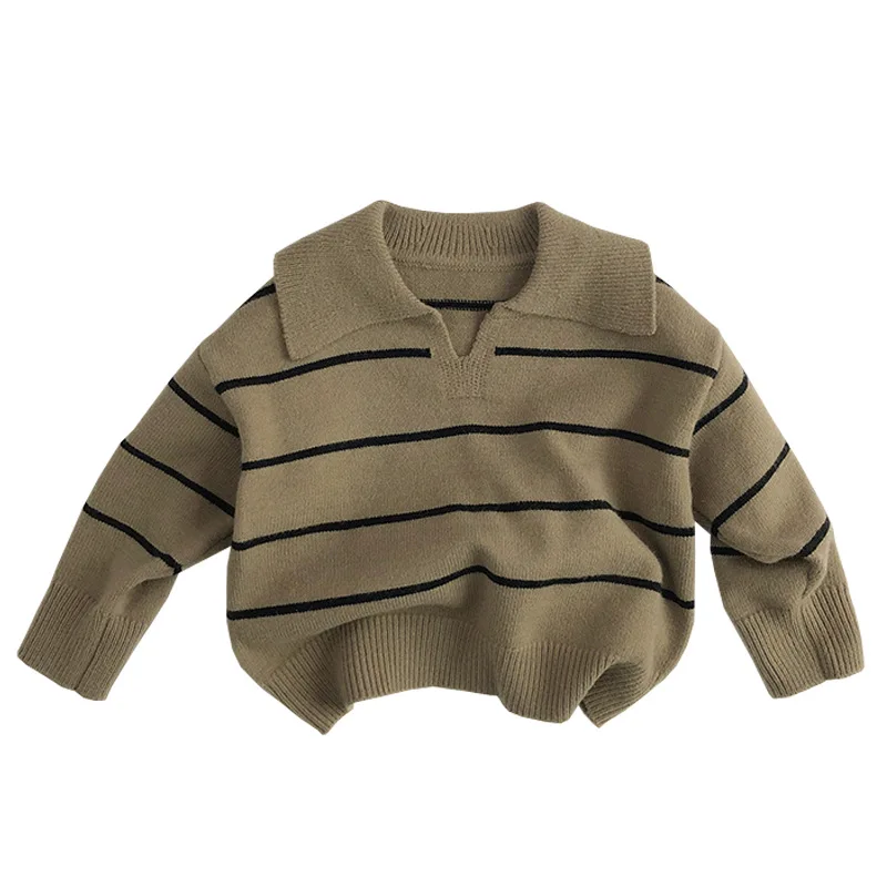 Big lapel v ~ Korean version  autumn  winter children's sweater foreign neutral  style  treasure wool striped knit base shirt