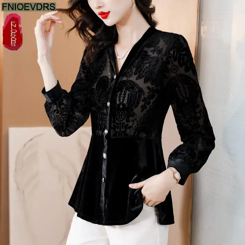 S-3XL 2023 Women French Design Long Sleeve Elegant Office Lady Work Basic Button Shirt Casual Slim Black Lace Peplum Tops Blouse