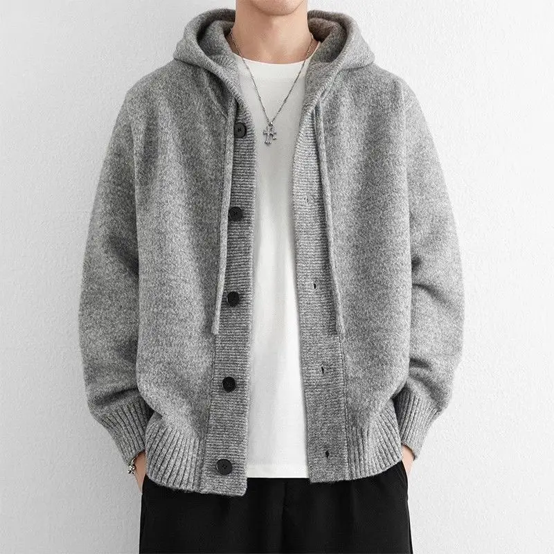 2026 Spring Autumn Men's Hooded Knit Cardigan Loose Casual Versatile Jacket Youth Trendy Sweater Outerwear Male Top