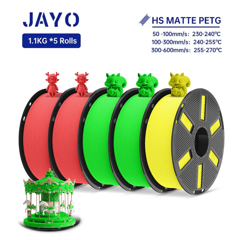 JAYO PETG 3D-Filament, 1,75 mm, Hochgeschwindigkeits-PETG-3D-Drucker-Filament, 5 Rollen, hoher Durchfluss, schneller, mattierter Effekt, 3D-Druckmaterialien