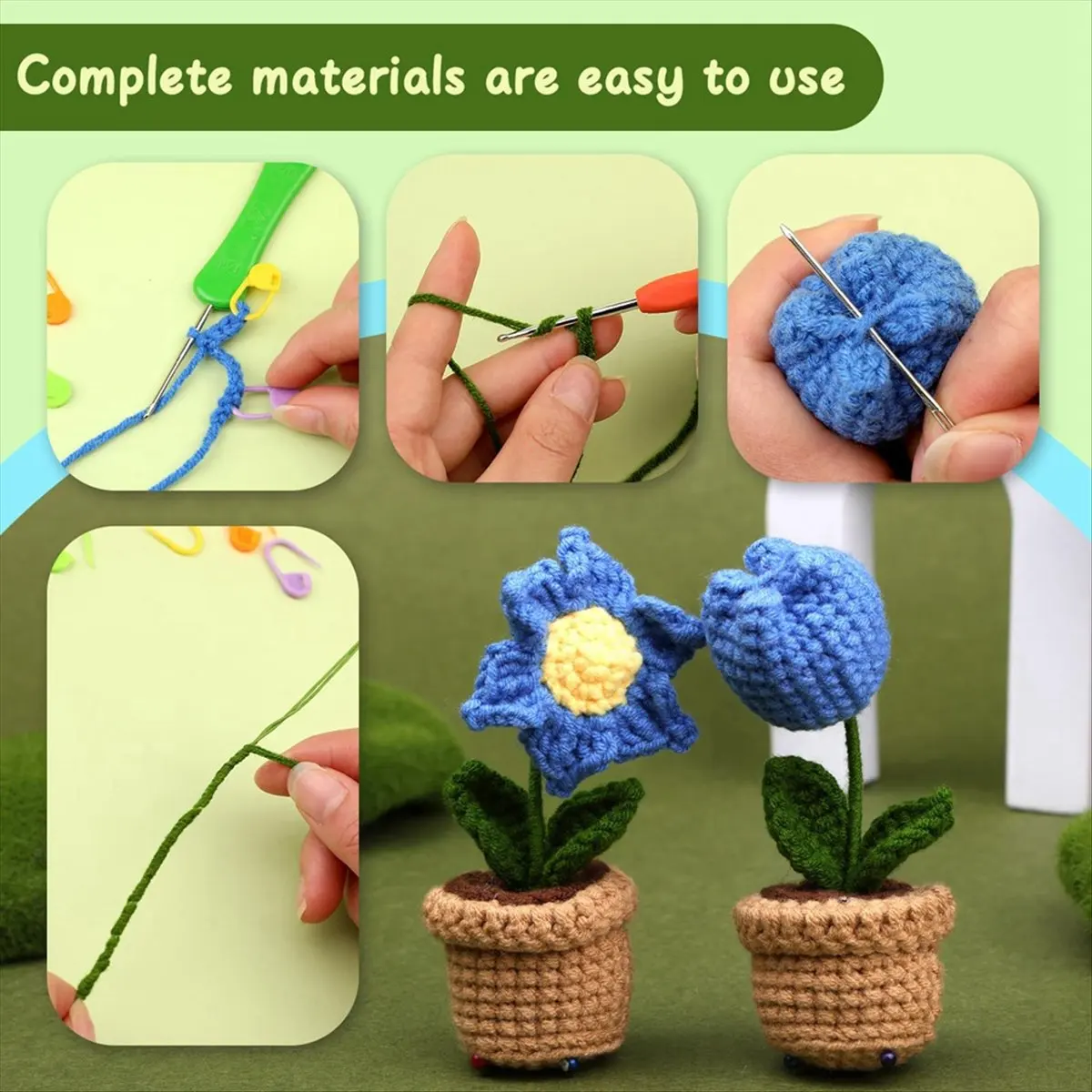 ABCD 6Pcs Crochet Potted Flowers Kit,Complete Crochet Kit for Beginners Adults with Step-By-Step Instructions Video Tutorials