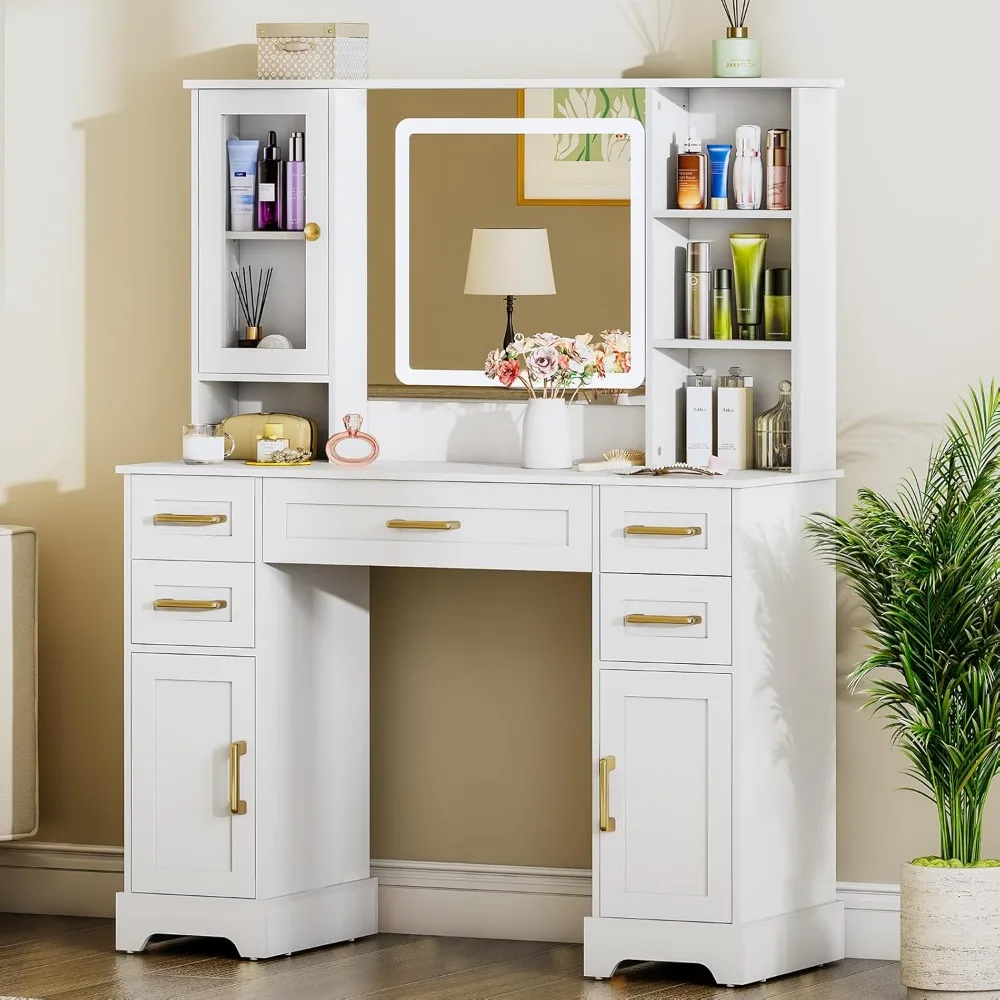 مكتب مكياج مع مرآة وأضواء - طاولة زينة بيضاء مع 5 أدراج تخزين و3 خزائن، طاولة تزيين خشبية مقاس 55.2 بوصة ارتفاعًا