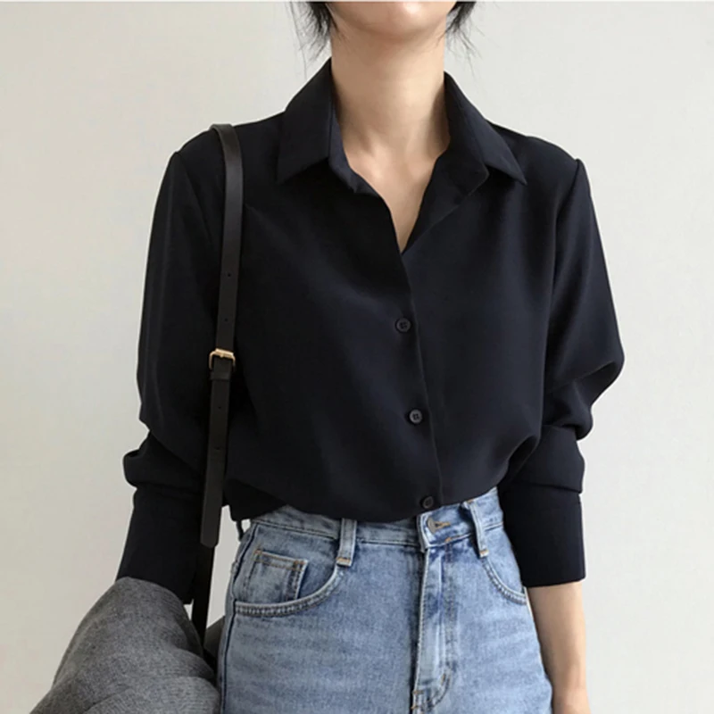 Women Chiffon Shirt Korean Black Turn Down Collar Female Long Sleeve Blouse Spring Fashion All Match Button Office Ladies Tops