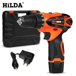 HILDA 12V Electric Drill Cordless Screwdriver Woodworking Lithium-Ion Battery 2 Speed  Mini LED Electric Power Screwdriver Tools