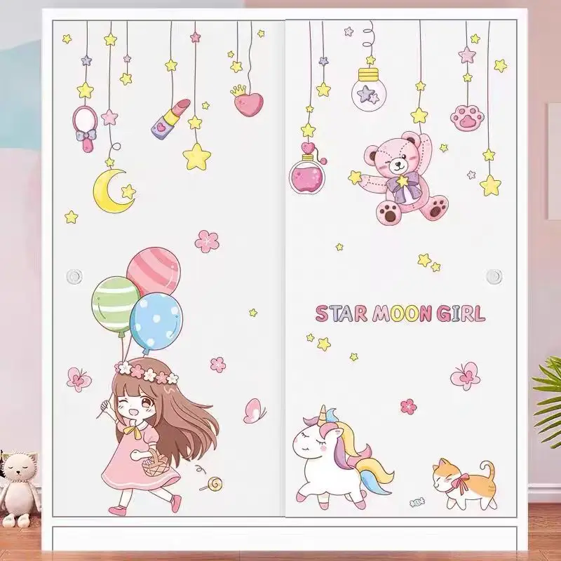 2 pieces of super large pink elf unicorn girl wall stickers for room decoration DIY girl bedroom home decoration stickers