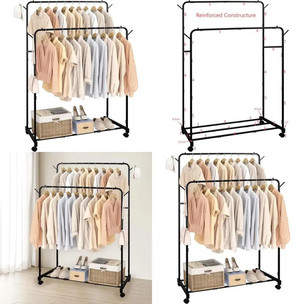 

Wheeled Double Rod Garment Rack for Hanging, Multi-Purpose Black Bedroom Clothes Organizer