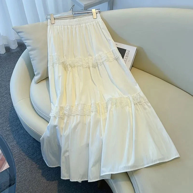 Renda retalhos branco midi saias para mulheres y2k solto elástico de cintura alta feminino babados uma linha saias coreano elegante saia mujer