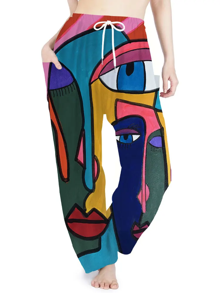 Abstract Face Ladies Harlem Pants Summer Fall Elegant Bohemian Festival pants Avant-garde Casual conical cuff pants Boho Pants