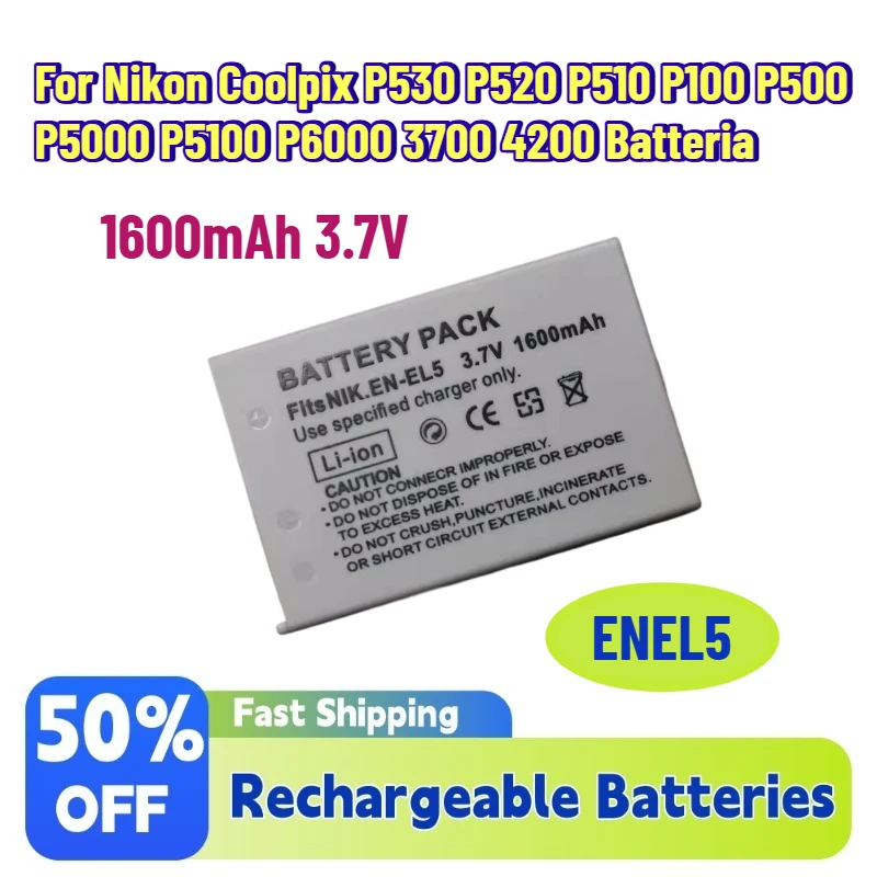 

In Stock 1600mAh 3.7V ENEL5 EN-EL5 EL5 Battery for Nikon Coolpix P530 P520 P510 P100 P500 P5000 P5100 P6000 3700 4200 Batteria