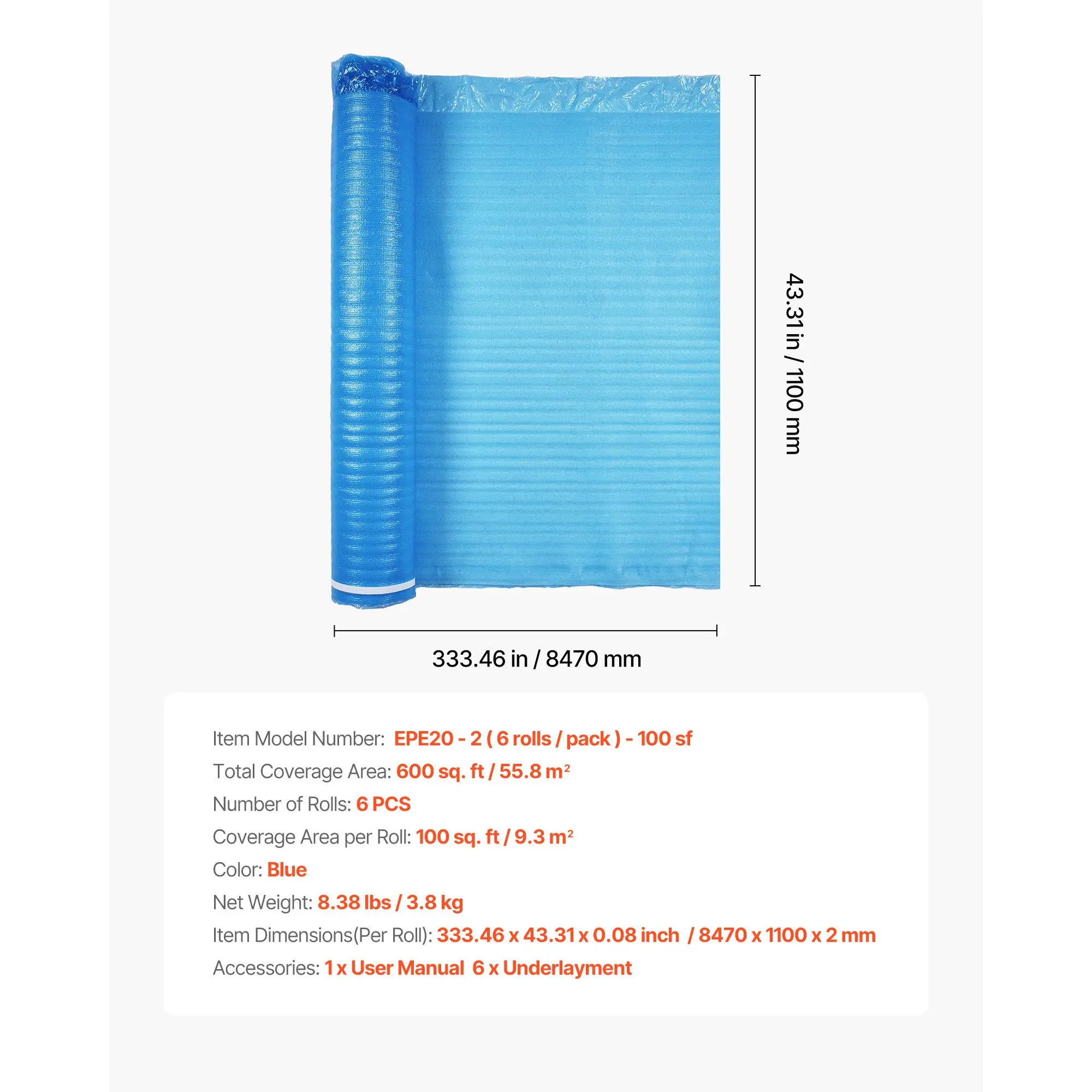 Base para Piso de 600 m² Alfombrilla de Aislamiento Acústico y Reducción de Ruido de Espuma EPE de Alta Resistencia, 3 en 1, 2 mm de Grosor, con Cinta y Barrera de Vapor, para Madera Laminada (6 Rollos x 100 m²) pies)