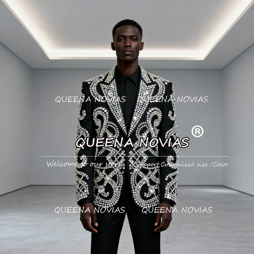 

Красивые костюмы с камнями из бисера, мужские приталенные пиджаки с зубчатыми лацканами для выпускного вечера, индивидуальные комплекты из 2 предметов, свадебный смокинг для жениха, костюм Homme