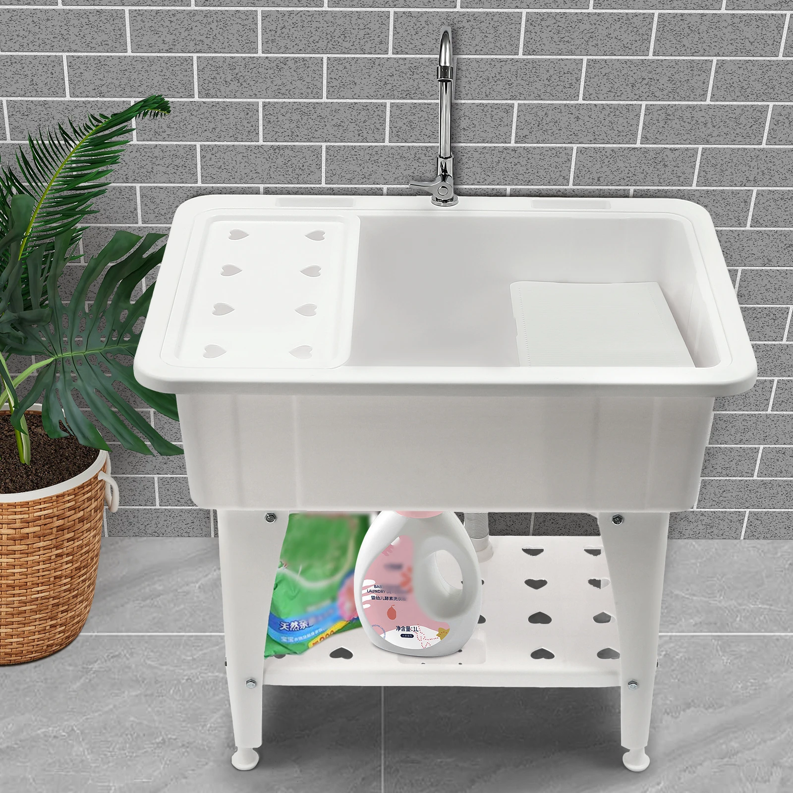 

Freestanding Plastic Laundry Sink with Washboard, Indoor and Outdoor Utility Sink