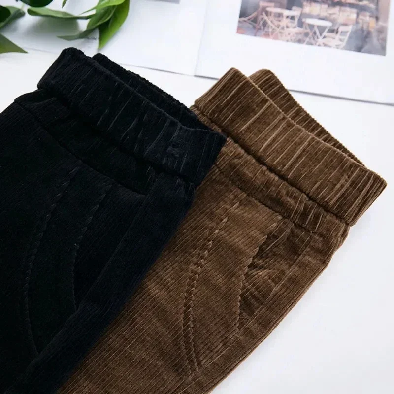 Spring Elastic High Waist Straight Trousers Women Classic Black Pantalones De Mujer Mother\'s Casual Brown Corduroy Pants N256