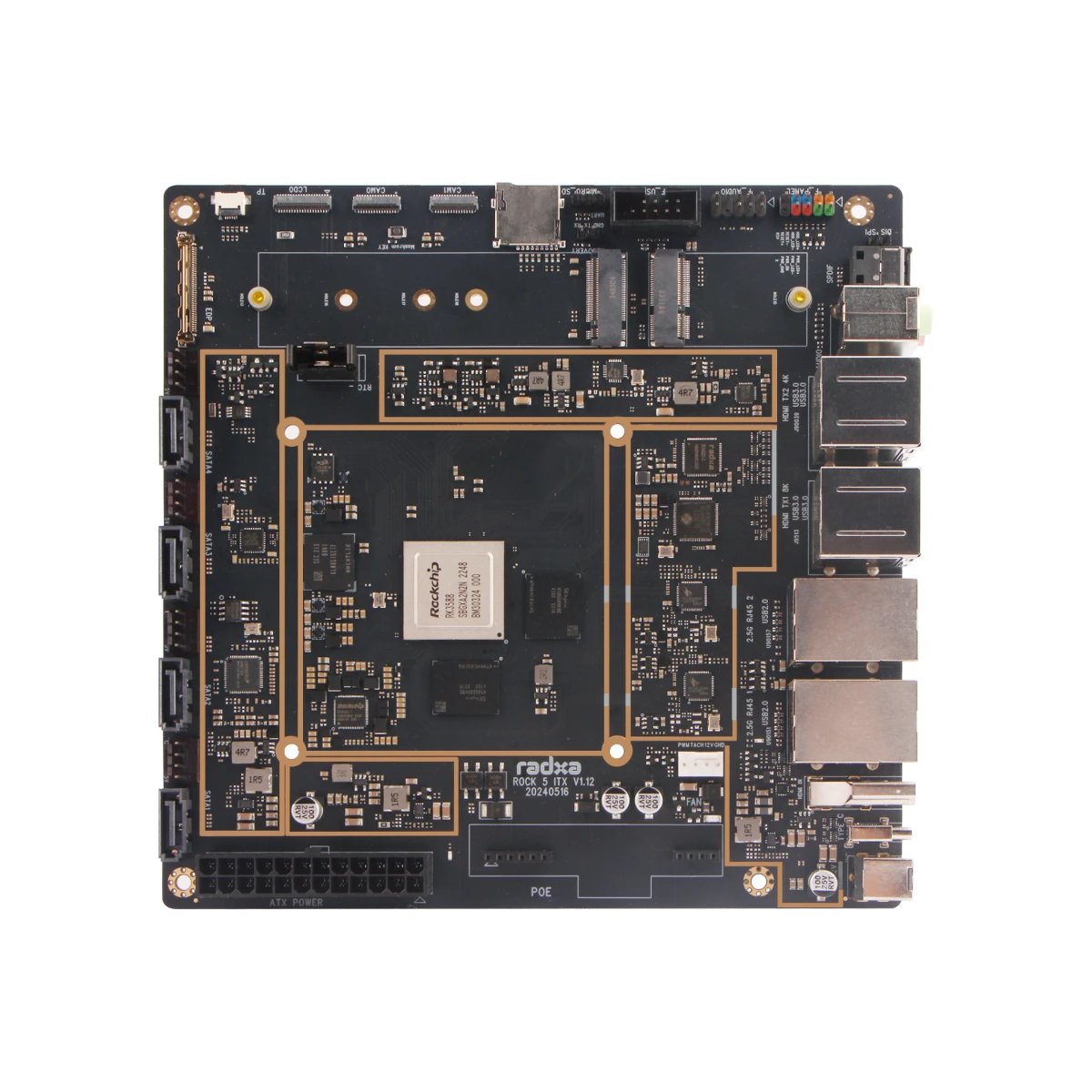 Radxa ROCK 5 ITX+, RK3588 8-core CPU, Mini-ITX moederbord, LPDDR5 RAM, 8K HDMI en dubbele M.2 M-sleutelconnector