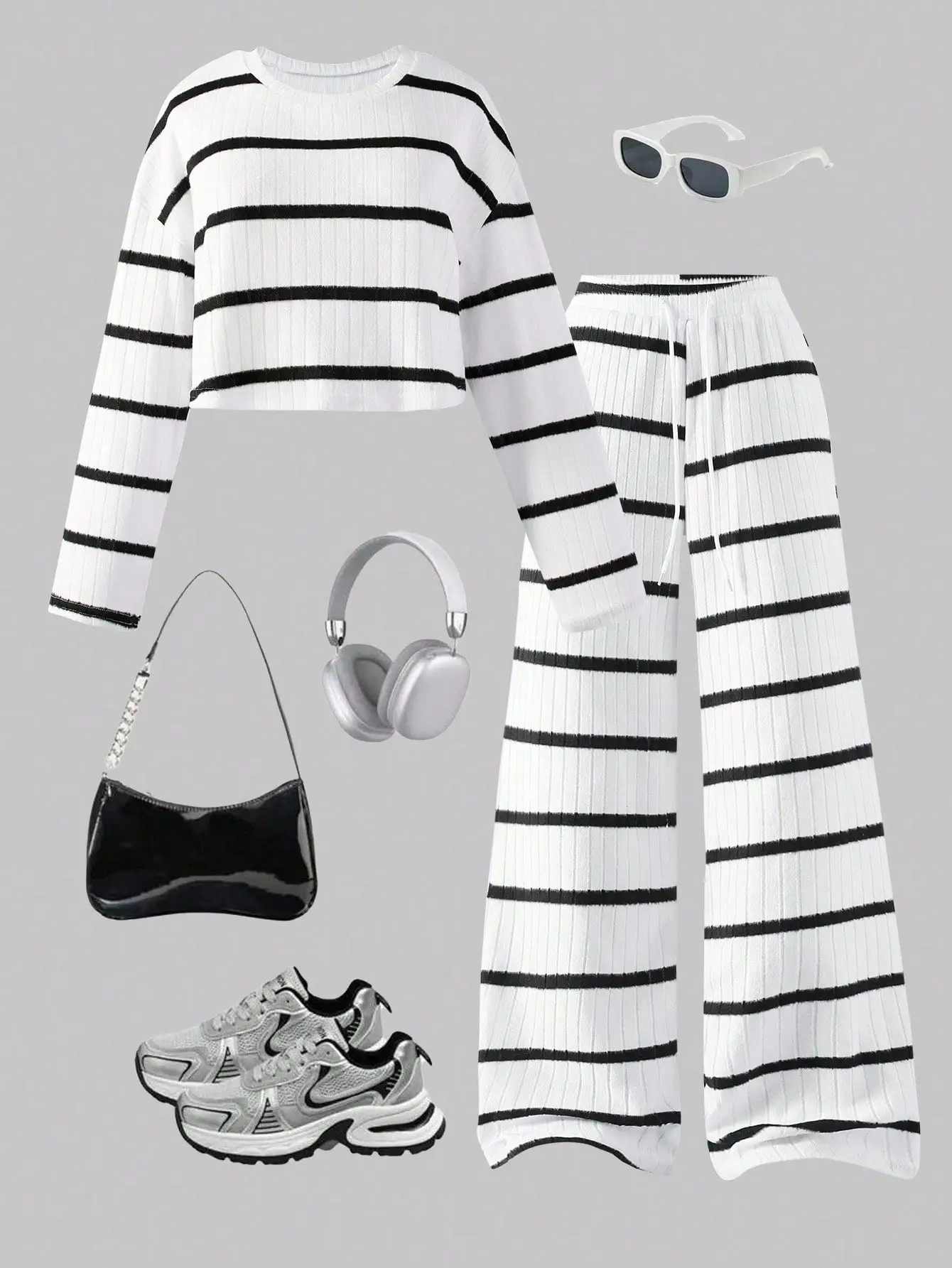 

Женский комплект из укороченного топа в рубчик в полоску и брюк с широкими штанинами для повседневной носки