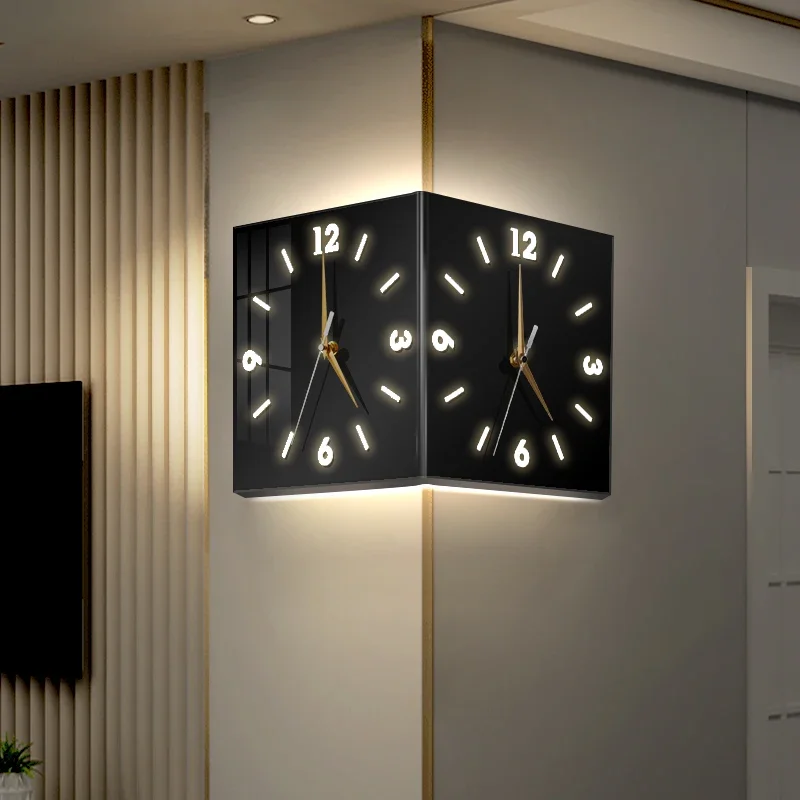 Nordic Creative Double Sided Corner Clock Silent Wall Clocks with Light Clock for Living Room Home Decor Minimalist Decorative