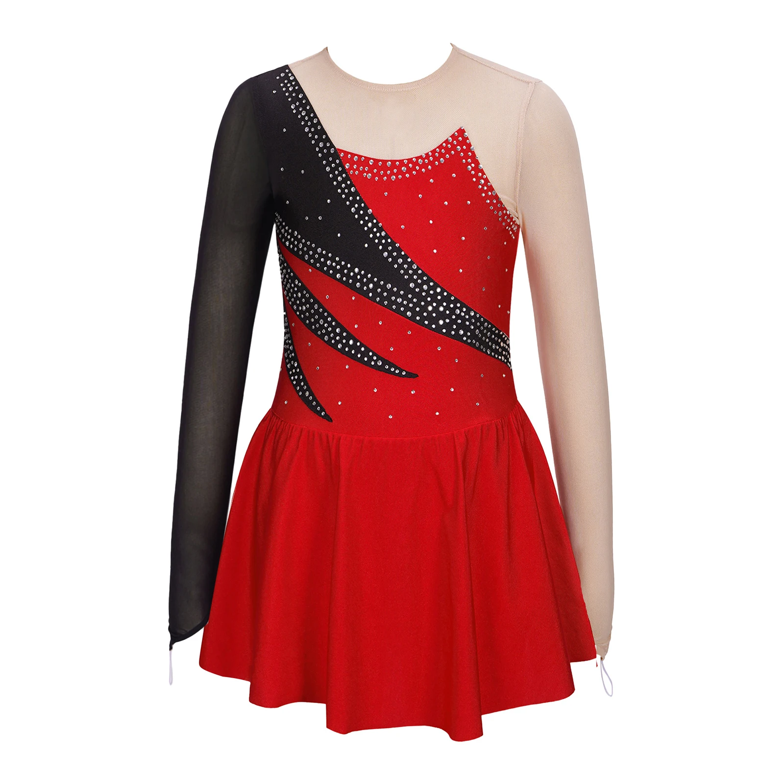 Strass Brilhante Manga Longa Feminina Patinação Figura Vestido, Ballet Tutu, Leotards Ginástica, Salão de Baile Competição Traje, Vestido para Crianças