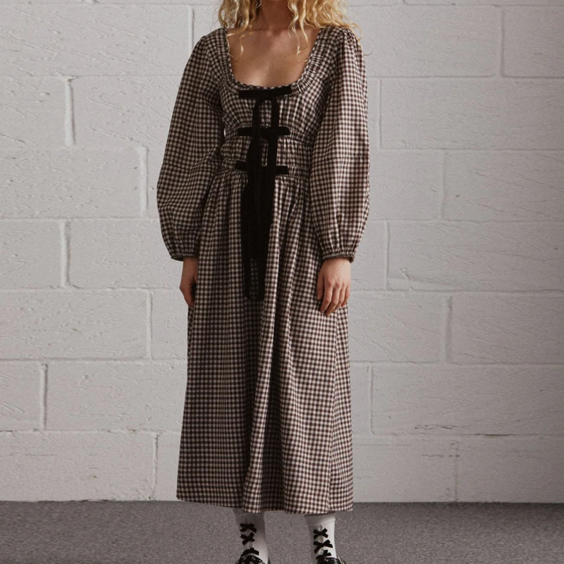 Women's 2024 Summer Boho Square Neck Front Bow Midi Dress Lady Vintage Puff Long Sleeve Plaid Ruffle Backless Maxi Dress