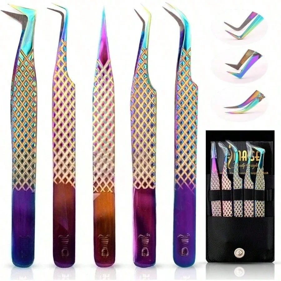 5 Pcs Fiber-Tip Japanese Steel Lash Tweezer Set With Leather Case Professional Eyelash Tweezers For Lash Extensions Titanium Coated 90 And 45 Angled Precision Pointed Tweezers Rainbow Color